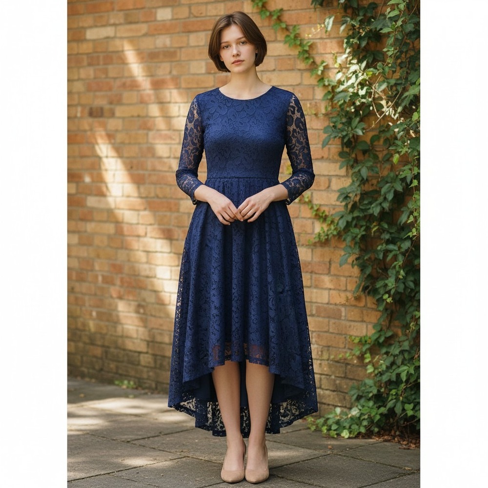 MissMay Navy Blue Lace Dress Women L Long‎ Sleeve Retro Elegant Formal NWT Retro
